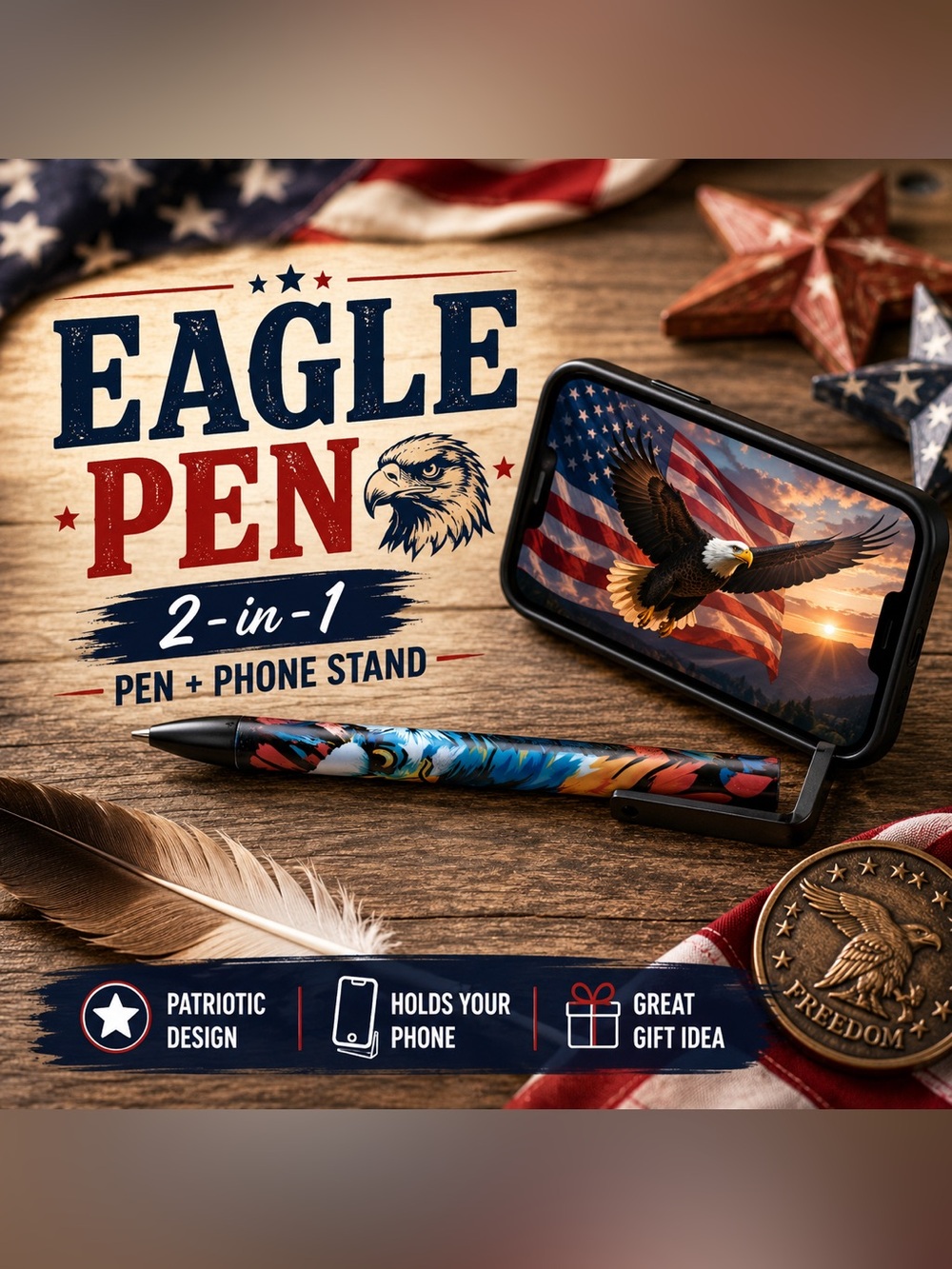 Patriotic Eagle Pen | 2-in-1 Phone Stand Pen | Americana Gift
